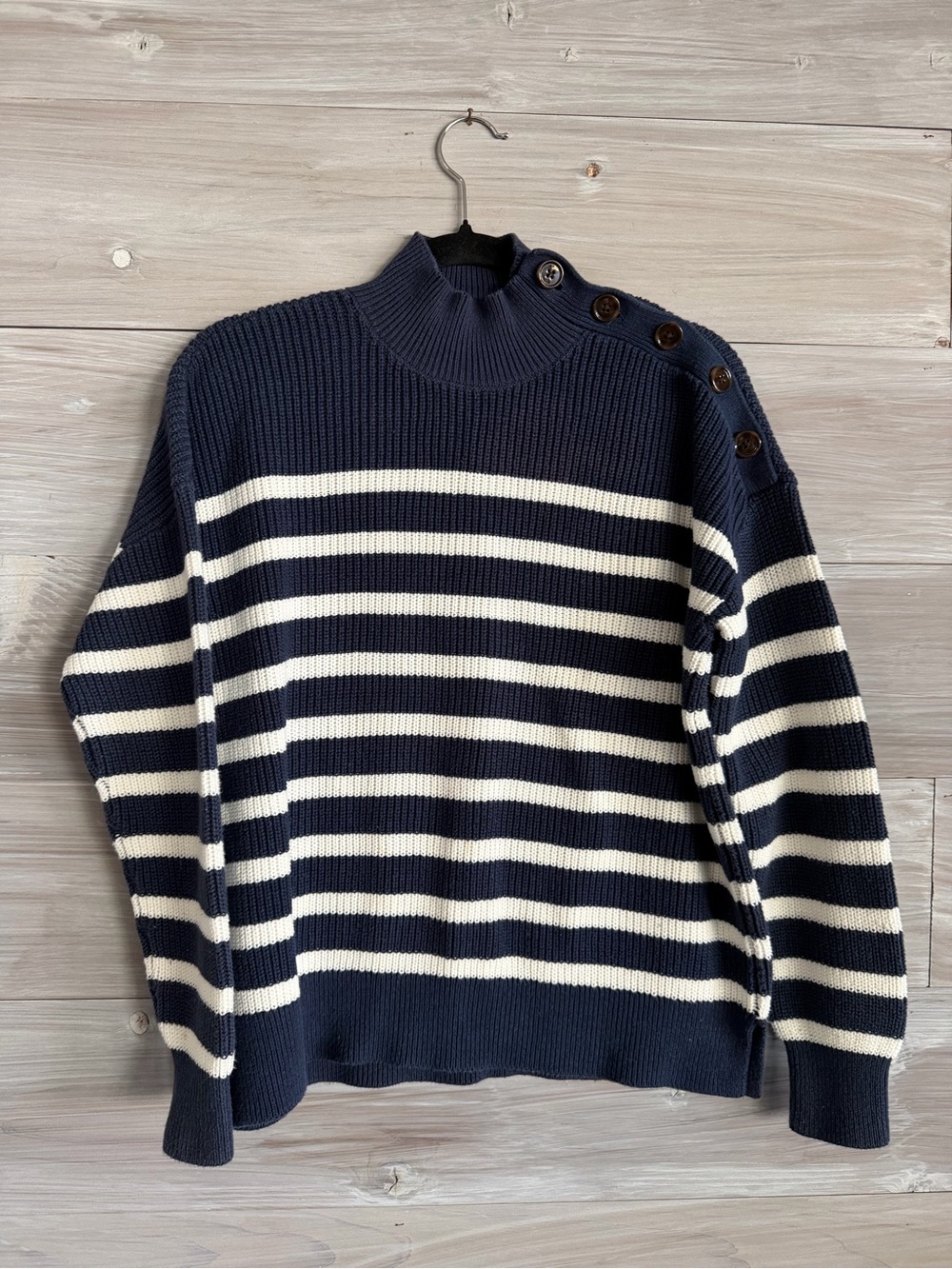 Loft Navy and White Striped women’s Button-Shoulder Sweater